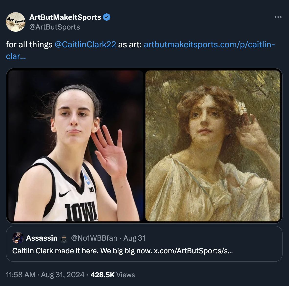 screenshot - ArtButMakeltSports for all things Clark22 as art artbutmakeitsports.compcaitlin clar... Assassin Aug 31 Caitlin Clark made it here. We big big now. x.comArtButSportss... Views